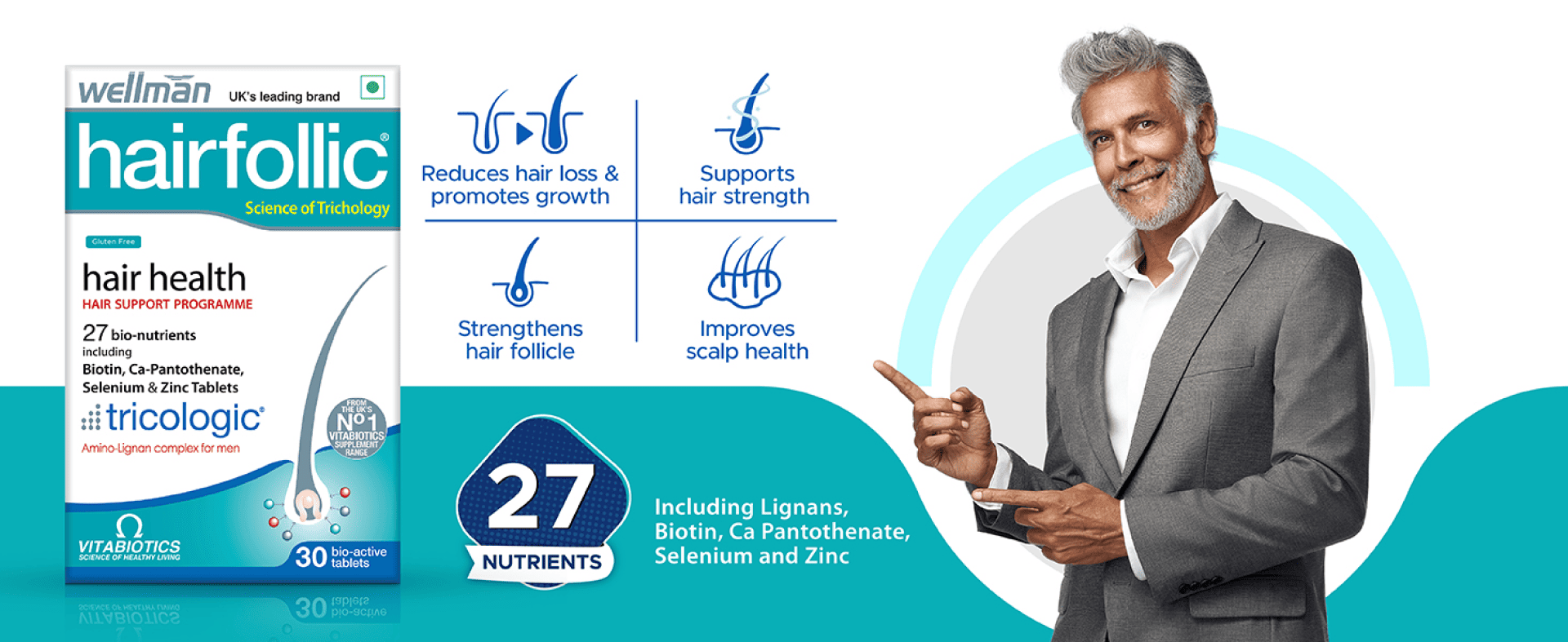 Vitabiotics Hairfollic supplement with 27 bio-nutrients for hair loss reduction, growth, and scalp health